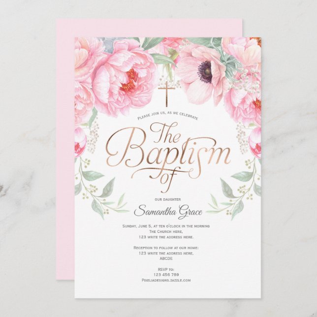 Invitación Flores acuáticas rosas, bautismo elegante y Chica (Anverso / Reverso)