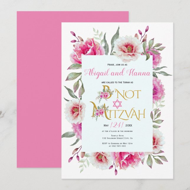 Invitación Flores acuáticas rosas florales B'Not Mitzvah (Anverso / Reverso)