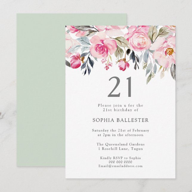 Invitación Flores acuáticas Rubor Elegante cumpleaños número  (Anverso / Reverso)