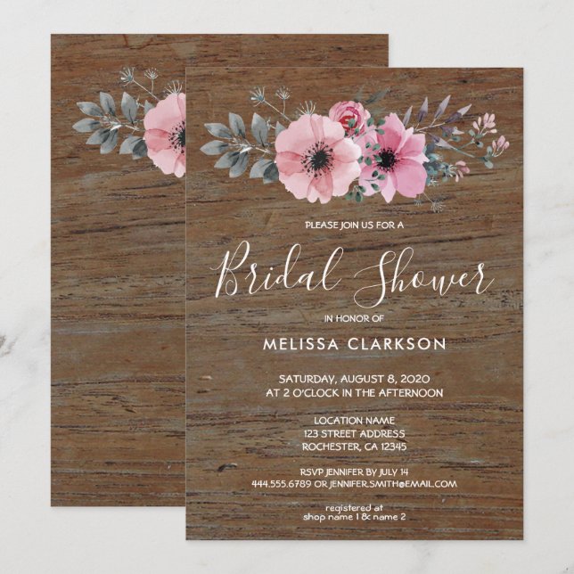 Invitación Flores acuáticas rusas de madera granero Bridal Sh (Anverso / Reverso)