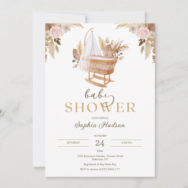 Invitación Flores acuáticas y Baby Shower de gramaje de pampa (Anverso)