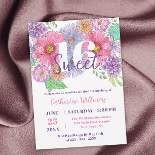 Invitación Flores acuáticas y dulces verdes 16 cumpleaños