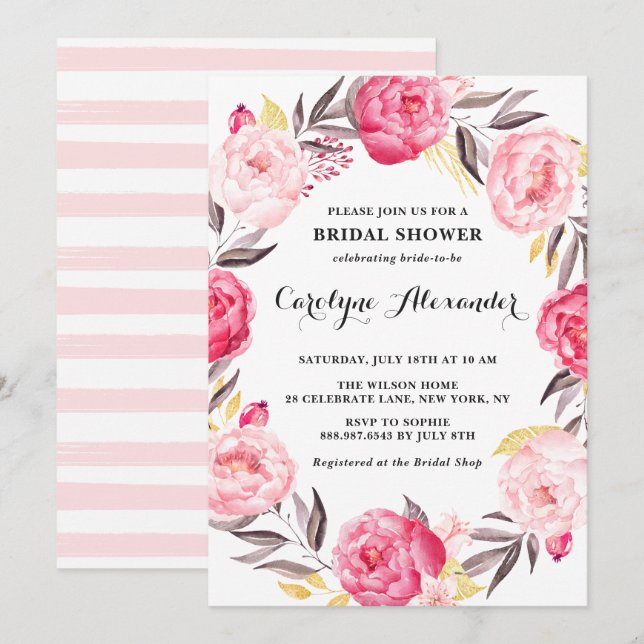 Invitación Flores acuáticas y Relieve metalizado dorado falso (Anverso / Reverso)