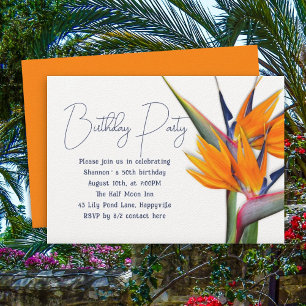 Invitación Flores Adultas de Cumpleaños Naranja Ave del Paraí