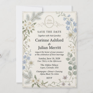 Invitación Flores Alpinas, Edelweiss, Delphinium Azul, Pino B