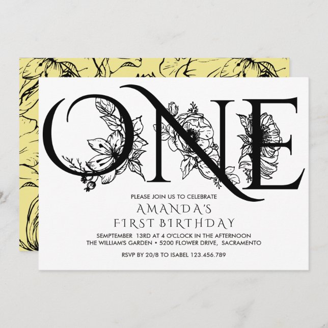 Invitación Flores amarillas | 1 Fiesta de cumpleaños (Anverso / Reverso)