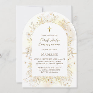 Invitación flores amarillas blancas acuarela Primera Comunión