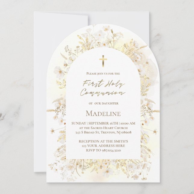 Invitación flores amarillas blancas acuarela Primera Comunión (Anverso)