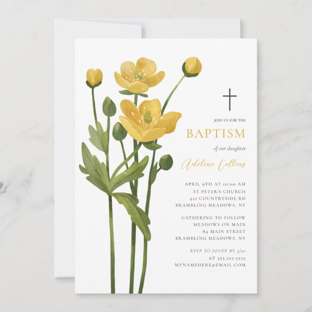 Invitación Flores Amarillas Blancas Elegante Bautismo Script (Anverso)
