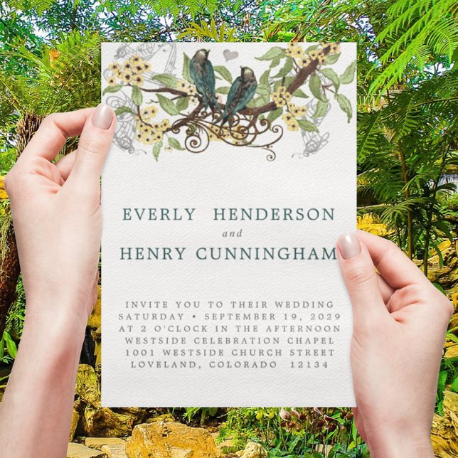 Invitación Flores amarillas Boda Verde azulado de Ave Amarill (Subido por el creador)