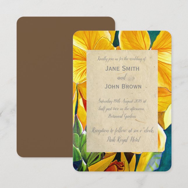Invitación flores amarillas bodas acuarela arte rústico (Anverso / Reverso)