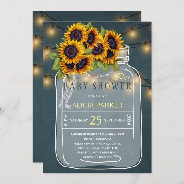 Invitación Flores amarillas brillantes girasoles tarro de mas (Anverso / Reverso)