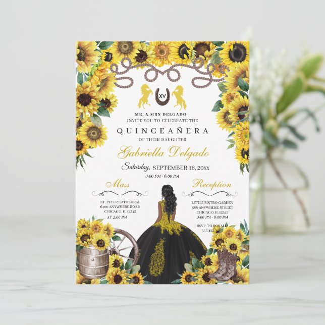 Invitación Flores amarillas Charro Occidental Quinceanera (Anverso de pie)