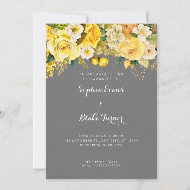 Invitación Flores Amarillas colgantes Boda de Jardín Gris (Anverso)