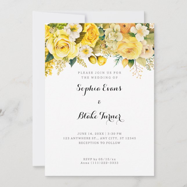 Invitación Flores amarillas colgantes Boda en el jardín blanc (Anverso)
