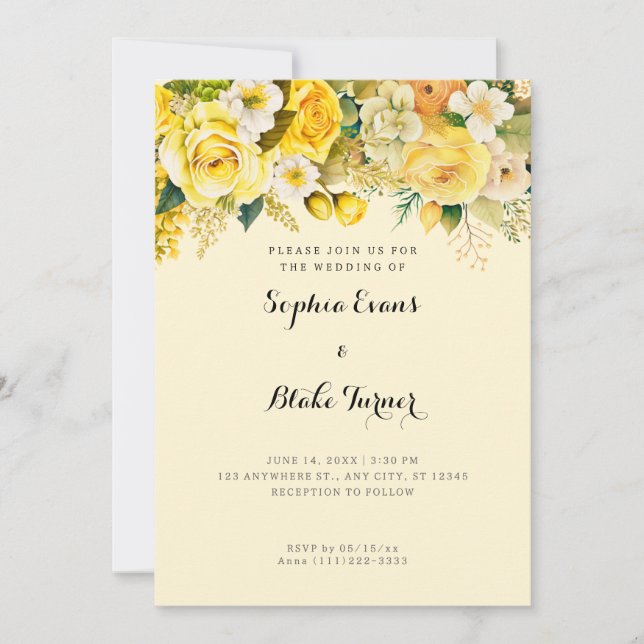 Invitación Flores amarillas colgantes Boda Jardín Amarillo (Anverso)