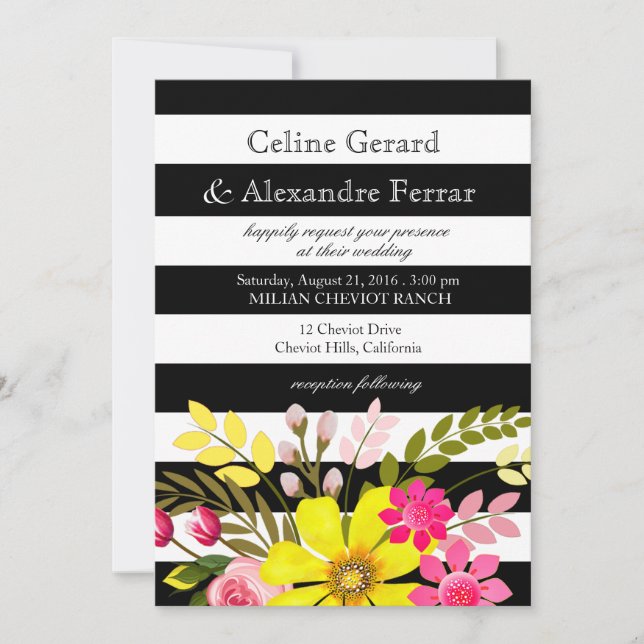 Invitación Flores Amarillas de Boda a Rayas Negras y Blancas (Anverso)