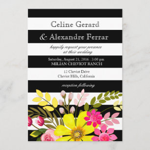 Invitación Flores Amarillas de Boda a Rayas Negras y Blancas