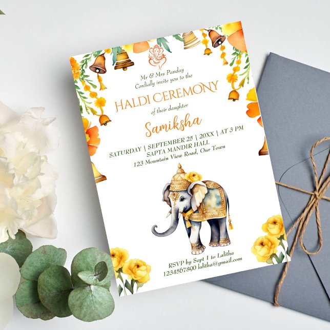 Invitación Flores amarillas del elefante boda hindú Haldi (Haldi Indian wedding elephant editable template invitation digital download yellow flowers bells)