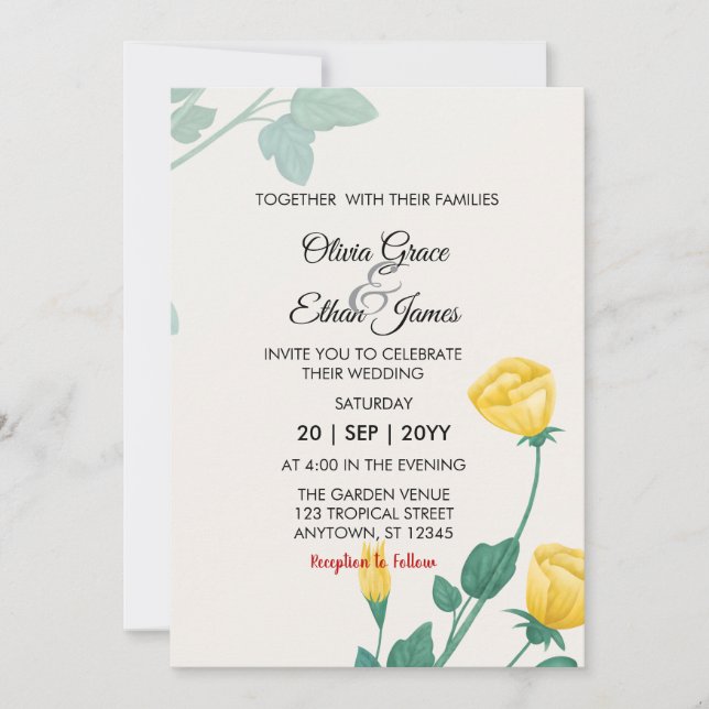 Invitación Flores Amarillas Diseño Floral Boda  (Anverso)