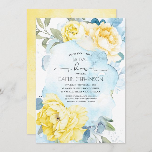 Invitación Flores Amarillas Dusty Blue Greenery Bridal Shower (Anverso / Reverso)