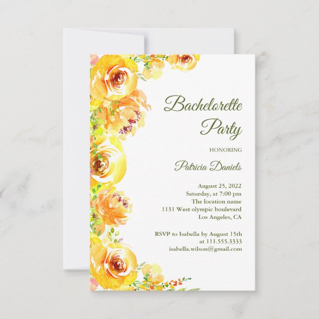 Invitación Flores amarillas. Elegante fiesta de soltería flor (Anverso)