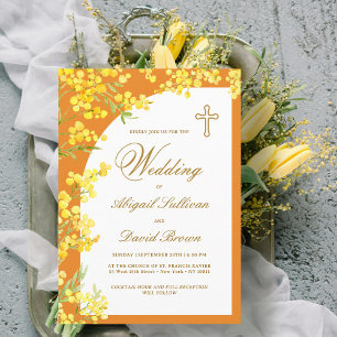 Invitación Flores Amarillas en Boda Religiosa Naranja