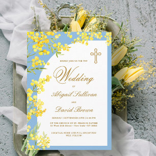 Invitación Flores amarillas en Boda religioso azul claro