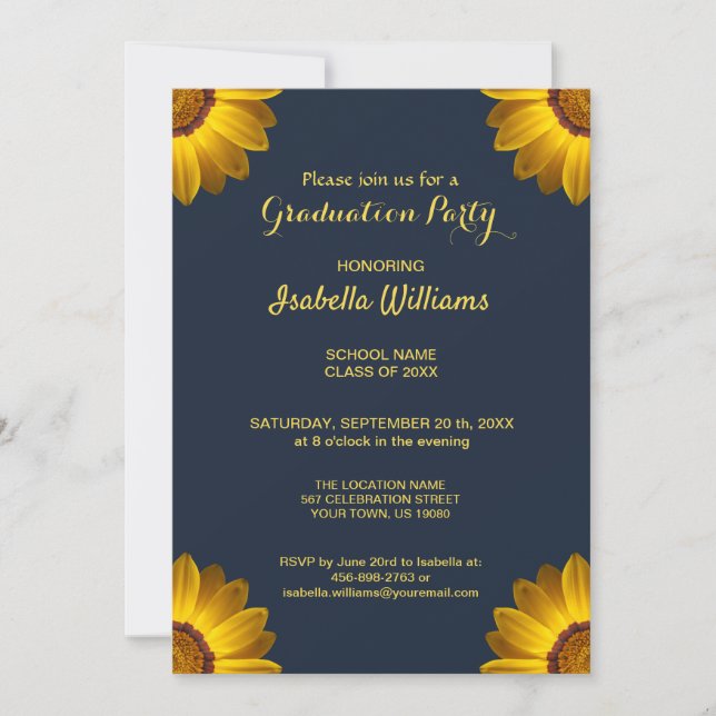 Invitación Flores amarillas en monograma de fondo azul marino (Anverso)