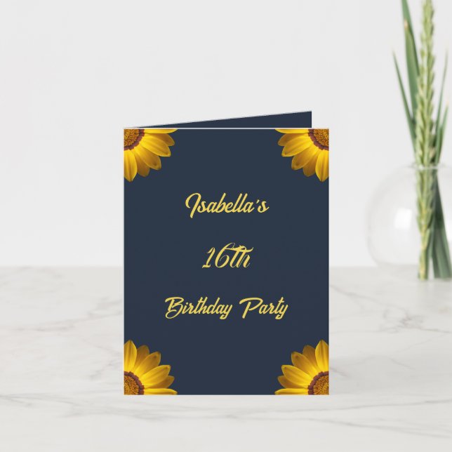 Invitación Flores amarillas en monograma de fondo azul marino (Anverso)