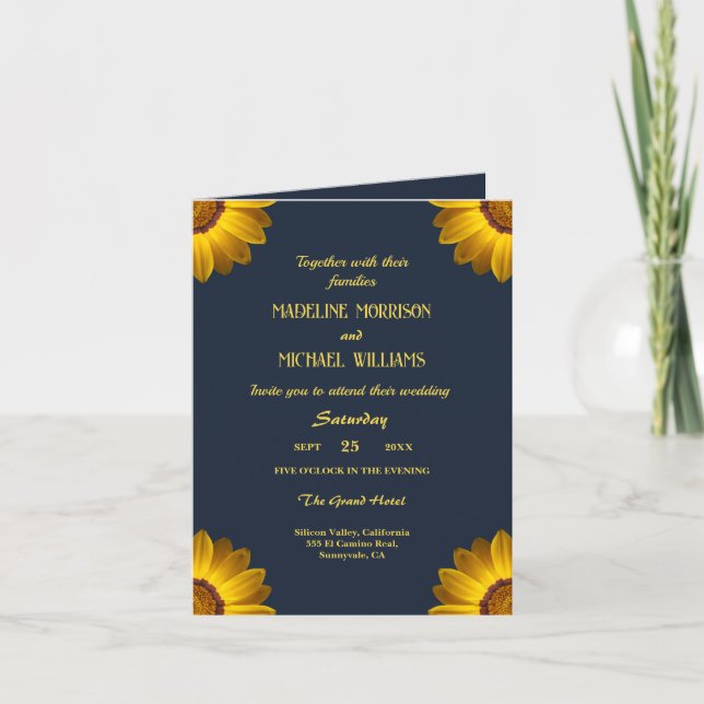 Invitación Flores amarillas en monograma de fondo azul marino (Anverso)
