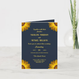 Invitación Flores amarillas en monograma de fondo azul marino