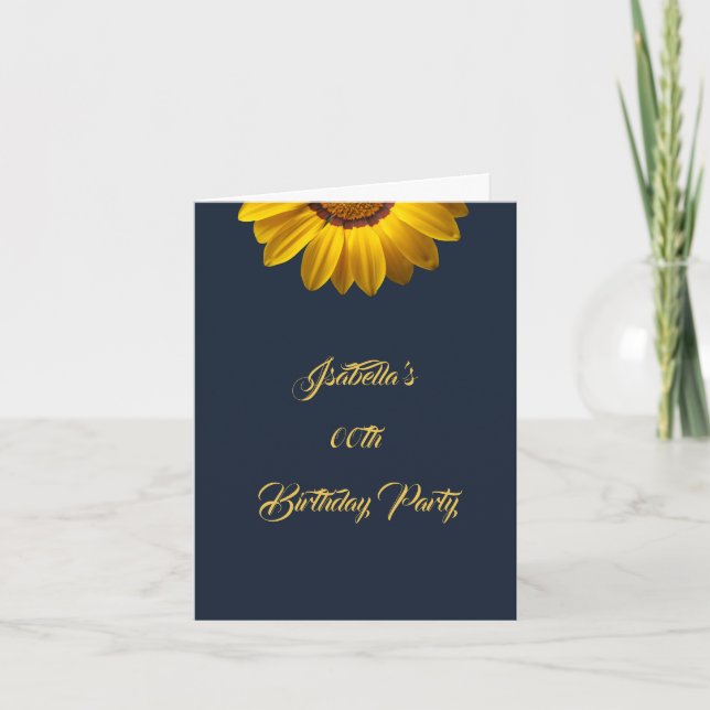 Invitación Flores amarillas en monograma de fondo azul marino (Anverso)