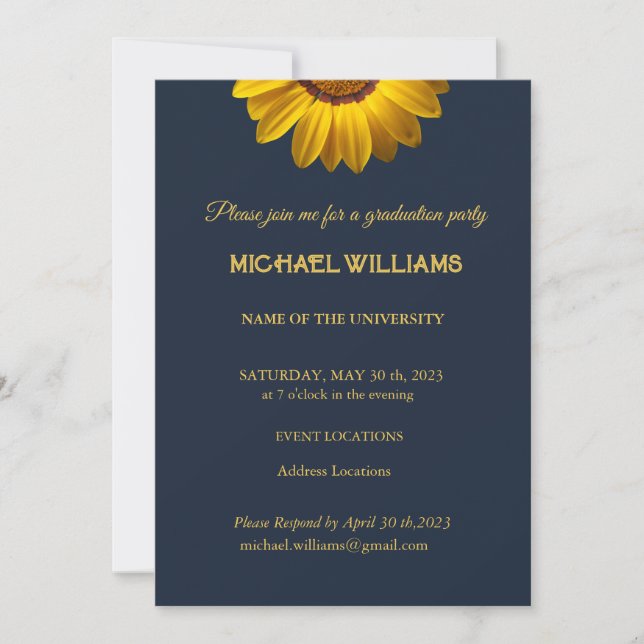 Invitación Flores amarillas en monograma de fondo azul marino (Anverso)