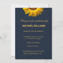 Invitación Flores amarillas en monograma de fondo azul marino