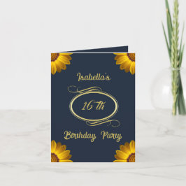 Invitación Flores amarillas en monograma de fondo azul marino