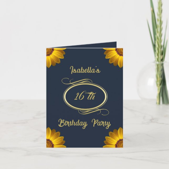 Invitación Flores amarillas en monograma de fondo azul marino (Anverso)