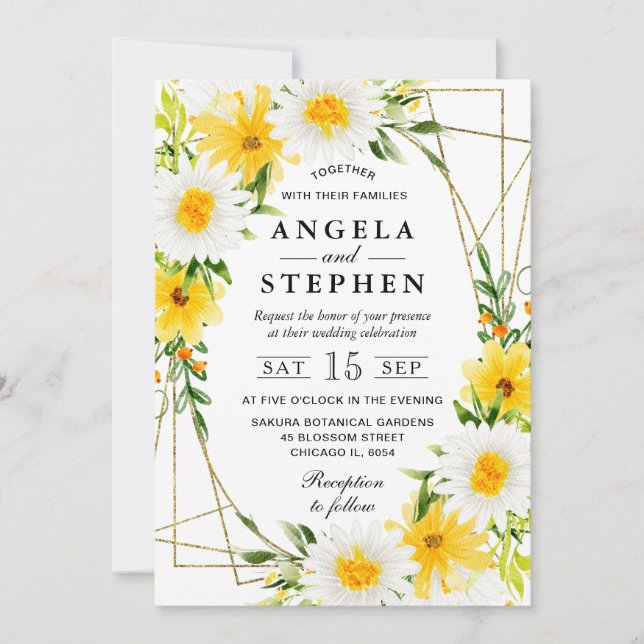 Invitación Flores Amarillas Margaritas Marco Dorado Boda (Anverso)