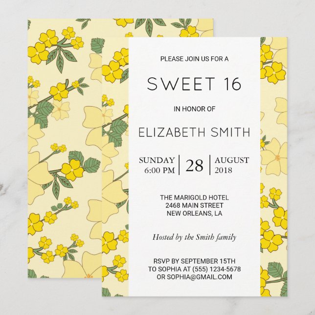 Invitación Flores Amarillas, Patrón De Flores, Dulce 16 (Anverso / Reverso)