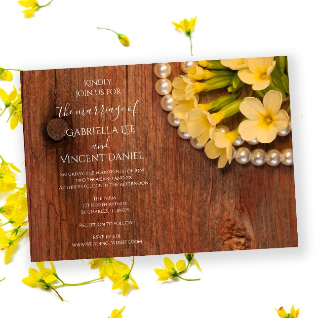 Invitación Flores amarillas, perlas, boda campestre de madera (Subido por el creador)