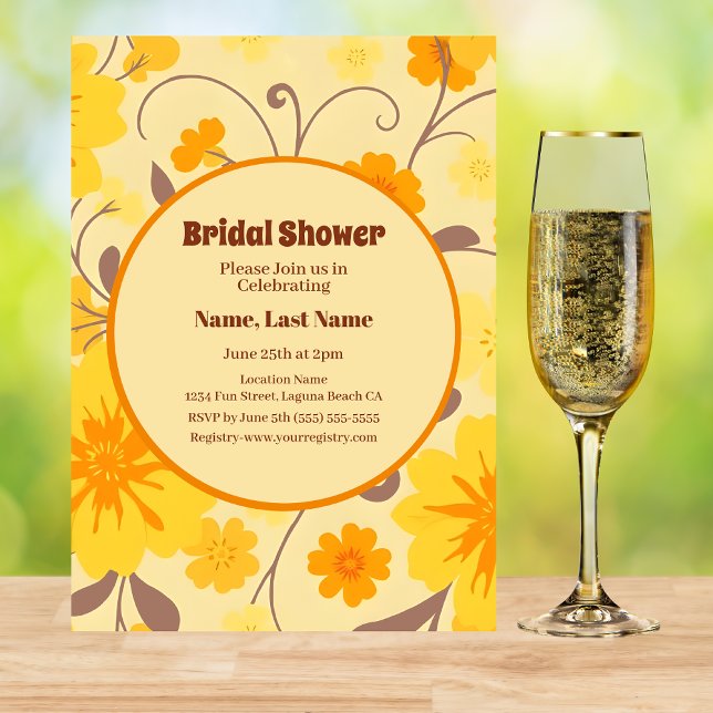 Invitación Flores amarillas retro-ducha de novias (Retro Flowers-Yellow, Orange, Mocha Mousse Bridal Shower Invitation)