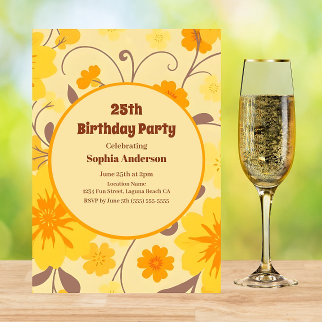 Invitación Flores Amarillas Retro Sol de Cumpleaños - Invitac (Retro Sunshine Yellow Flowers-Birthday Invitation )