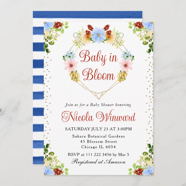 Invitación Flores amarillas rojas de corazón de Baby Shower W (Anverso / Reverso)