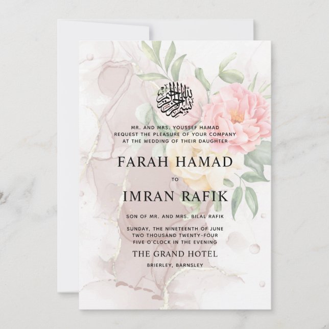 Invitación Flores amarillas rosadas Boda musulmana islámica (Anverso)