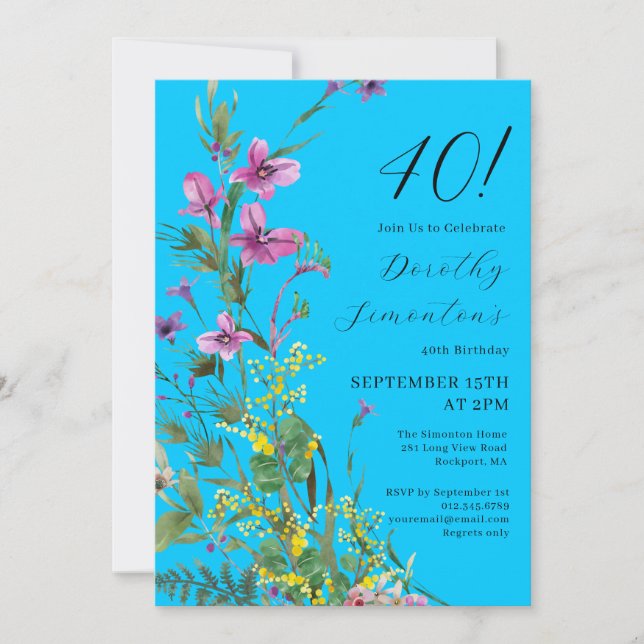 Invitación Flores amarillas rosadas exóticas 40 cumpleaños (Anverso)