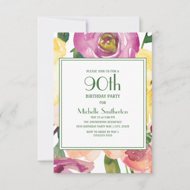 Invitación Flores Amarillas Rosadas Purpura Cumpleaños 90  (Anverso)