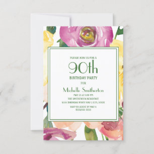 Invitación Flores Amarillas Rosadas Purpura Cumpleaños 90 