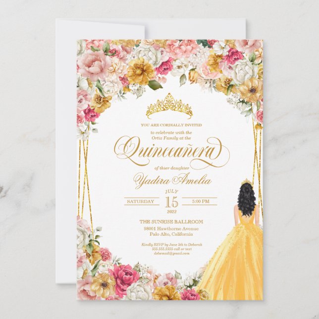 Invitación Flores amarillas rosadas y quinceanera de broche d (Anverso)