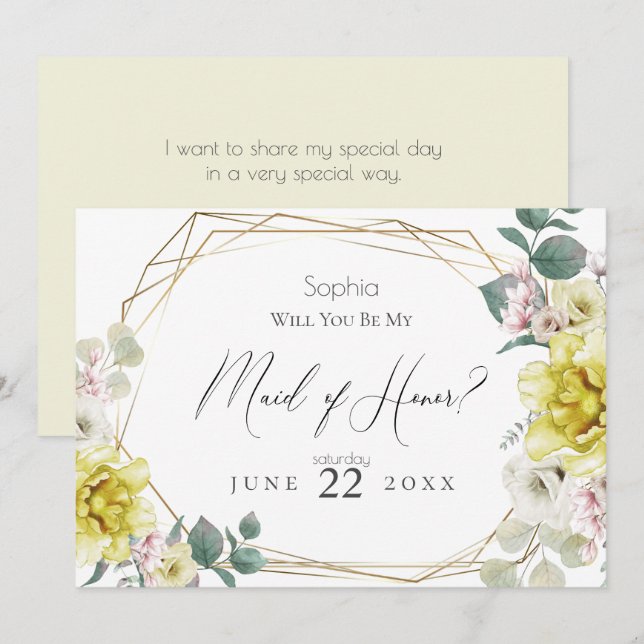 Invitación Flores amarillas serán mi empleada de honor (Anverso / Reverso)