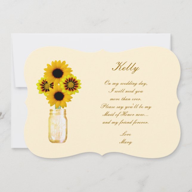 Invitación Flores Amarillas Tarro de Mason Dama de Honor Tarj (Anverso)